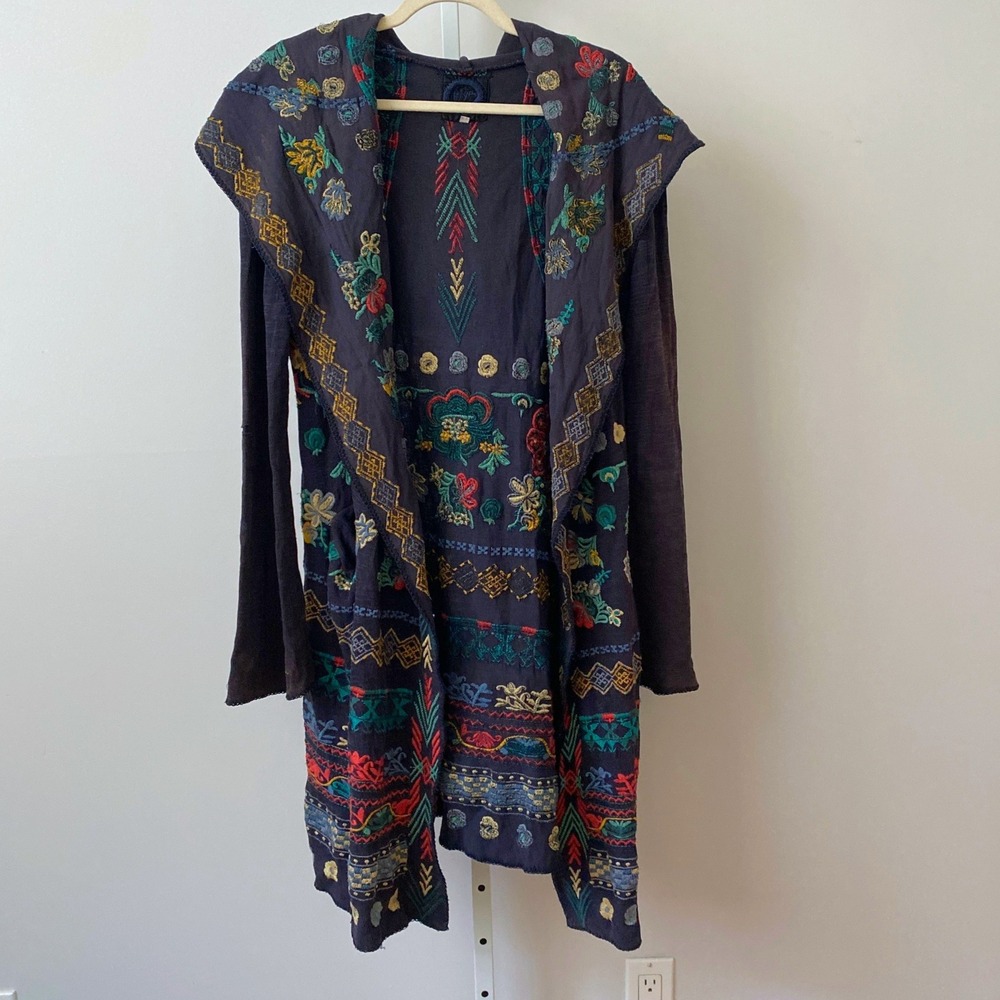 Biya Johnny Was Cotton Boho Lagenlook Embroidered Long Duster Cardigan S Black